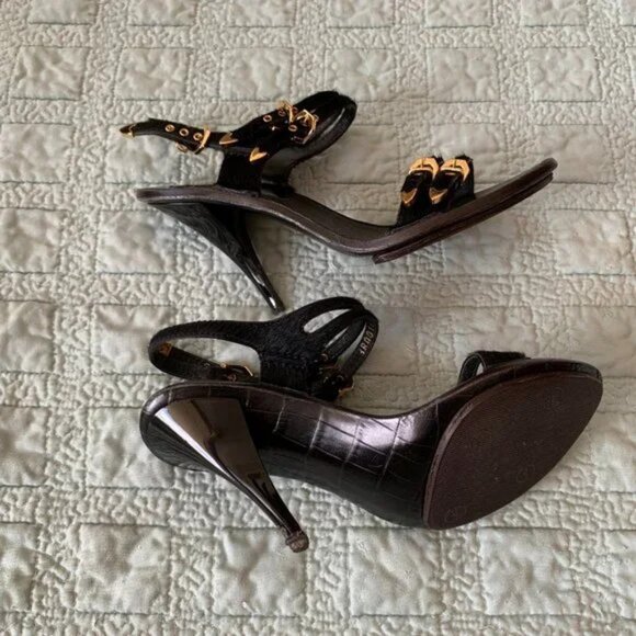 READ DESCR Louis Vuitton Black Tupelo Sandals Calf Leather w/ Box Size 34.5 Rubb - Picture 4 of 10